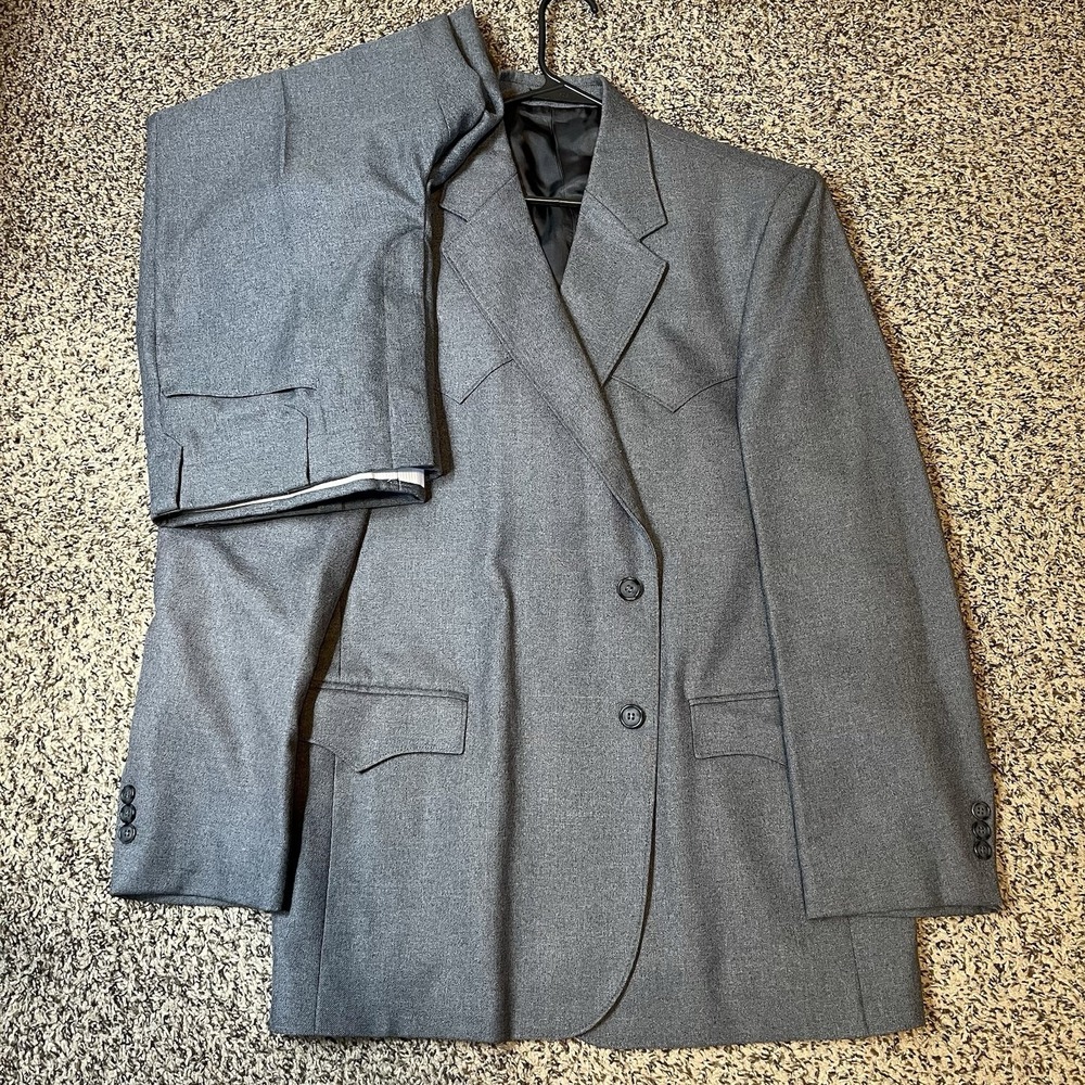 Circle S Western Suit Mens 40R Jacket 38x31 Pants Gray Polyester 2-Piece Yoke Co